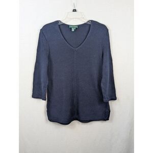 Lauren Ralph Lauren V-Neck Knit Sweater Navy Blue Women's Size XL